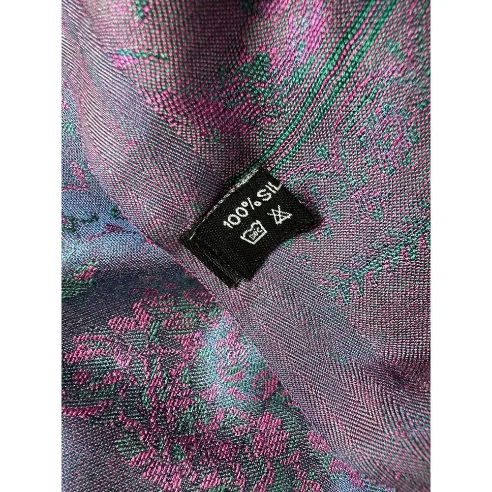 Vintage Silk Scarf Wrap Shawl Purple Magenta Floral Jacquard Fringe Edge Boho